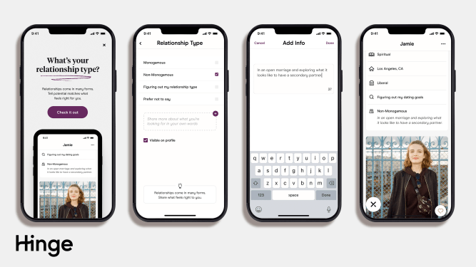 Hinge social app on 4 smartphone screens