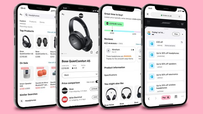 Klarna price comparison displayed on 4 smartphone screens