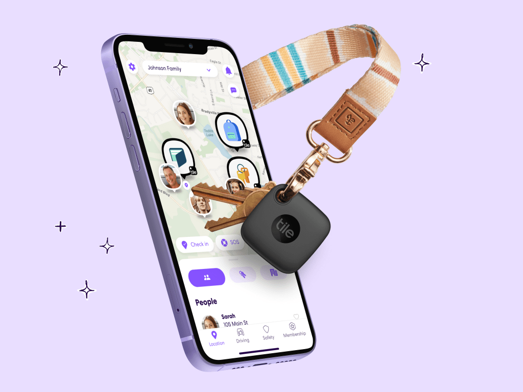 Life360 app on smartphone with Tile key fob