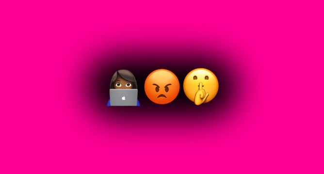 My tech best friend representation. Three emojis in a row: a black girl on a computer, the angry emoji and the emoji telling someone to quiet down.