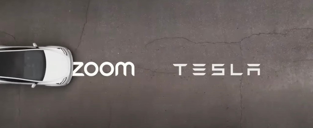 A white Tesla drives over two logos, the Zoom logo and Tesla logo.