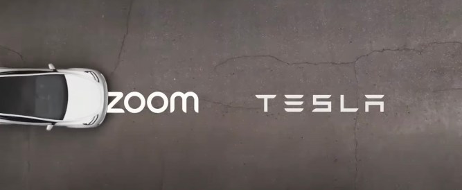 A white Tesla drives over two logos, the Zoom logo and Tesla logo.