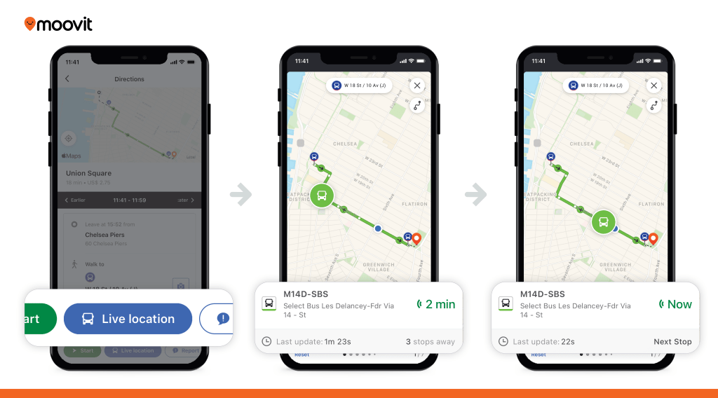 screenshots of moovit live location transit tracking feature, showing where bus is in real time on map
