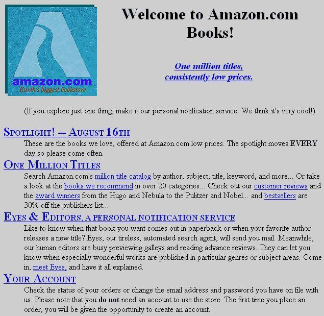 Amazon.com's first page on the web from August 16, 1995