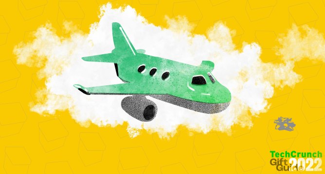 illustration for gifts for frequent flyers; green airplane on yellow background
