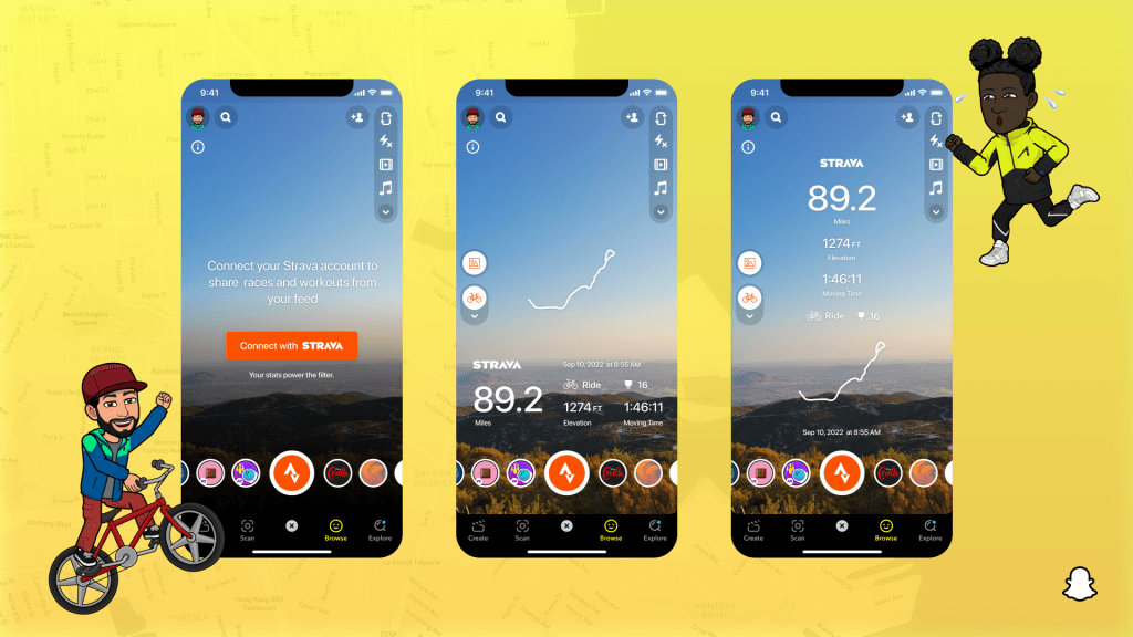Snapchat and Strava partnership; 3 smartphone screens