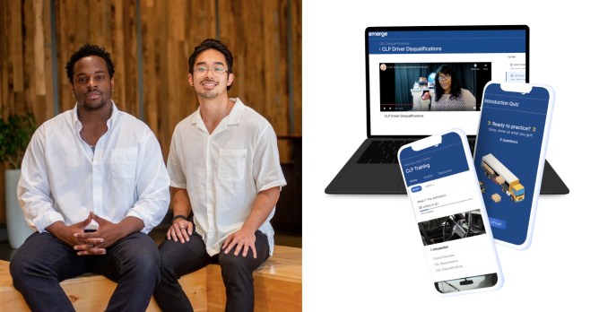 Co-founders Uzoma Orchingwa and Gabe Saruhashi, and a render of the Emerge apps.