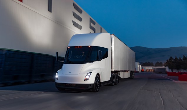 Tesla Semi truck at night in front of Tesla factory