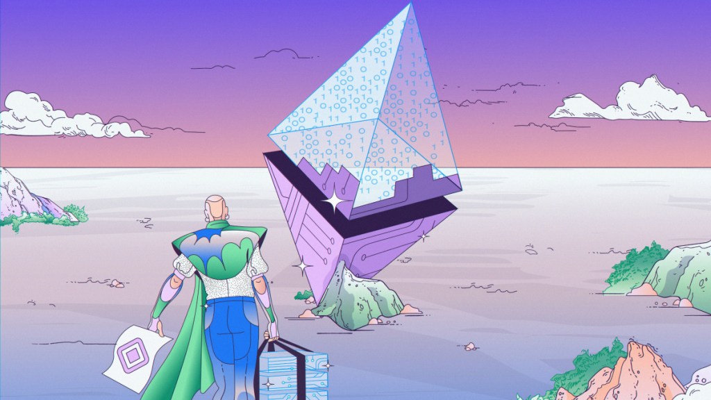An image of a man walking toward a graphic of Ethereum with encrypted data inside of it
