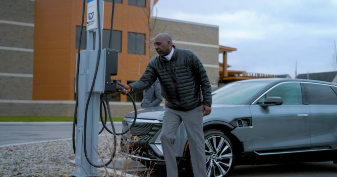 An EV charging station in Owosso, MI.