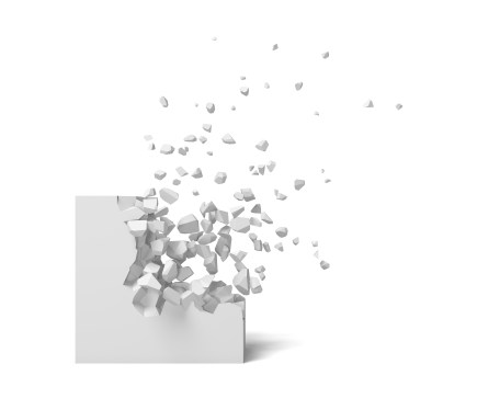 3D rendering of a white square on a white background starting to get destroyed piece by piece.