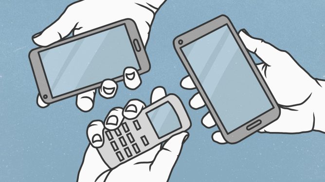 illustration: view from above hands holding mobile phones