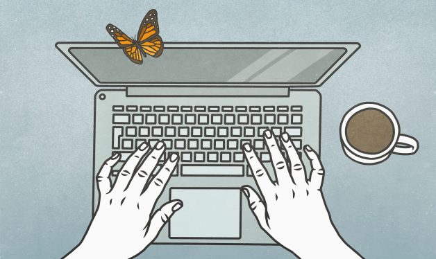 cup of tea and a laptop illustrated