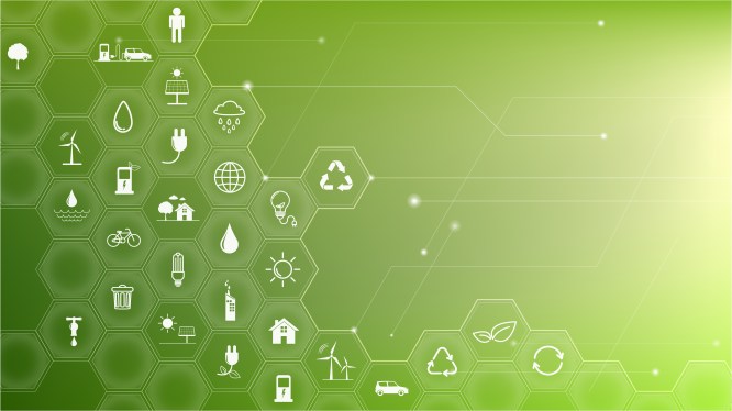 Image of icons invoking sustainability and climate tech on a green background.