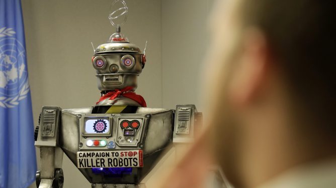 A robot is pictured at a press conference on the Campaign to Stop Killer Robots