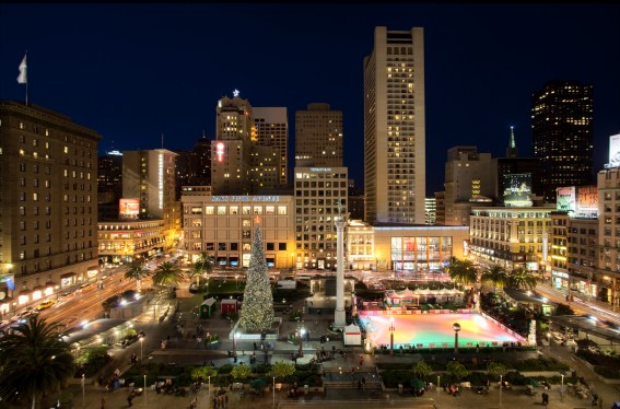 Union Square lit up during holiday season, San Francisco, California, USA.
