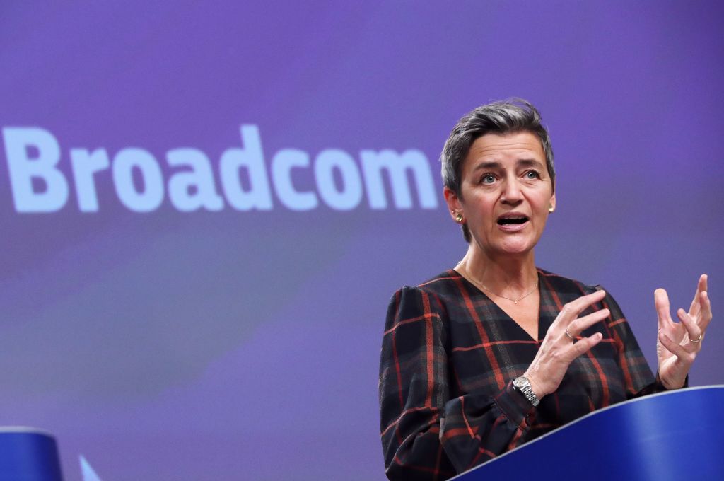 Executive Vice President of the European Commission Margrethe Vestager gestures as she holds a news conference on Broadcom in Brussels, on October 7, 2020. (Photo by YVES HERMAN / pool / AFP) (Photo by YVES HERMAN/pool/AFP via Getty Images)
