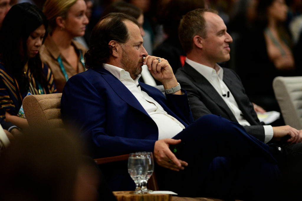 Marc Benioff, co-chief executive officer of Salesforce.com Inc., left, and Bret Taylor, co-chief executive officer of Salesforce.com Inc., during the 2022 Dreamforce conference in San Francisco, California, US, on Tuesday, Sept. 20, 2022. Tens of thousands of techies will frolic through kitschy national park-themed decorations in San Francisco's downtown this week as Salesforce Inc.'s annual Dreamforce conference returns in full after two pandemic years. Photographer: Marlena Sloss/Bloomberg via Getty Images