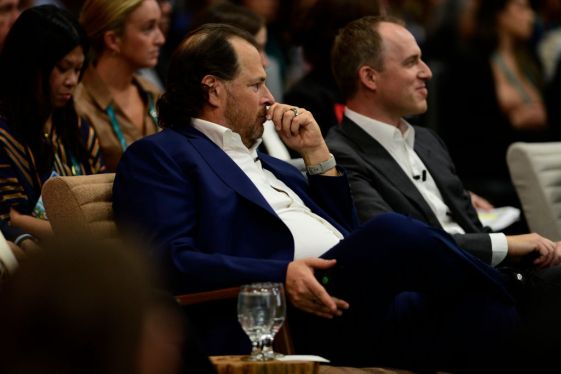 Marc Benioff, co-chief executive officer of Salesforce.com Inc., left, and Bret Taylor, co-chief executive officer of Salesforce.com Inc., during the 2022 Dreamforce conference in San Francisco, California, US, on Tuesday, Sept. 20, 2022. Tens of thousands of techies will frolic through kitschy national park-themed decorations in San Francisco's downtown this week as Salesforce Inc.'s annual Dreamforce conference returns in full after two pandemic years. Photographer: Marlena Sloss/Bloomberg via Getty Images