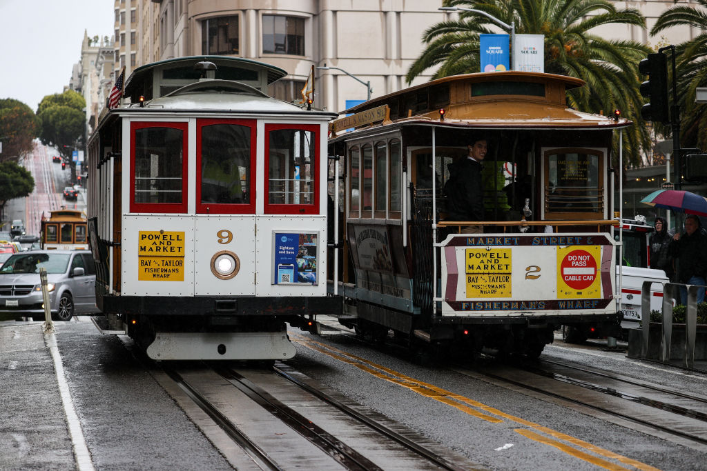 Cable Cars are seen on Powell Street near Union Square as rainstorm hits San Francisco and Bay Area, California, United States on December 10, 2022.