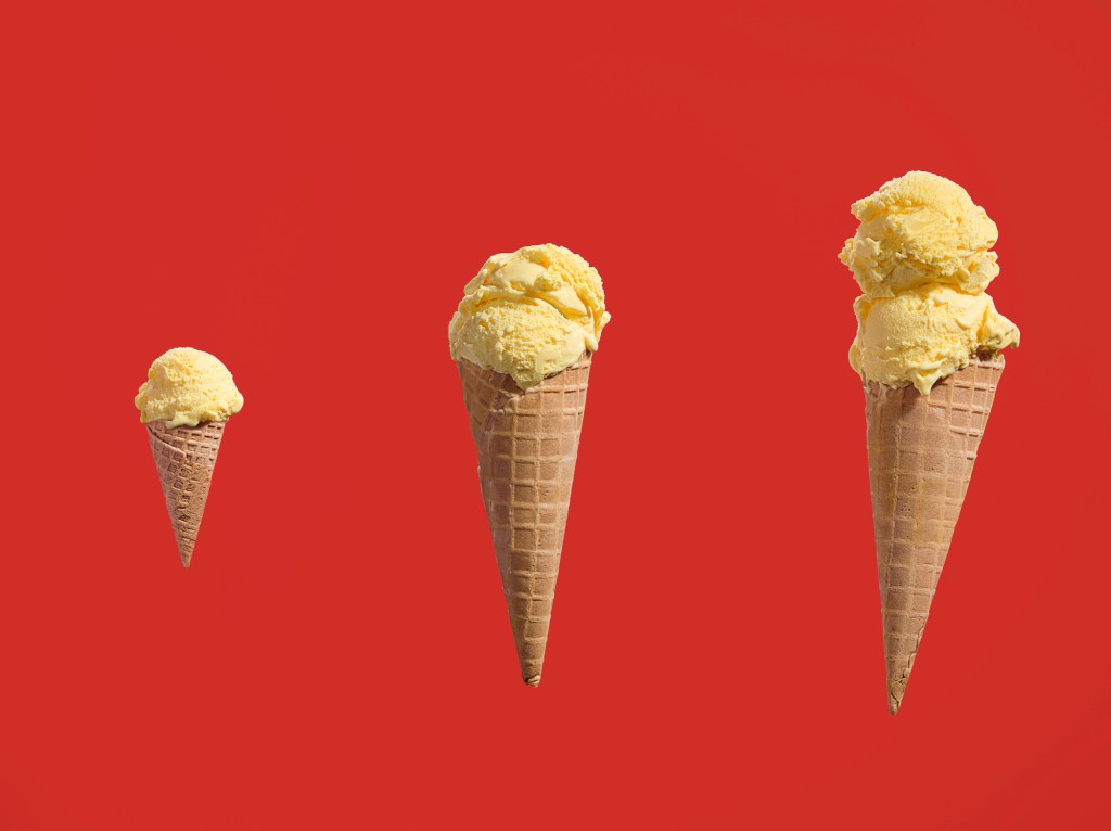 Row of ice creams with different amounts of scoops