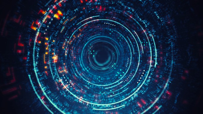 Digital generated image of abstract circular data tunnel visualizing speed and technology.