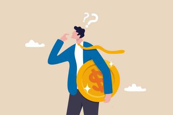 Illustration of a businessman holding a coin with a dollar sign on it tapping his chin with question marks above his head.