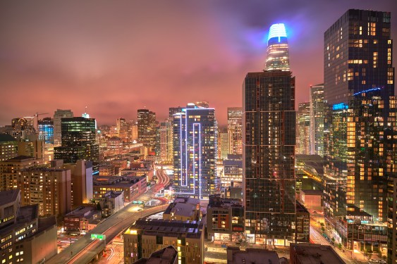 Aerial view of illuminated buildings in city at night,San Francisco, California, United States, USA