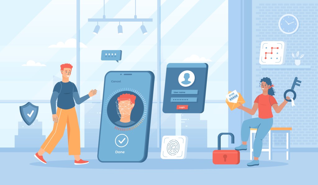 Authentication and Identity Verification. Face, fingerprint recognition, pin pattern locking, user account password. Two Factor Authentication. Flat cartoon vector illustration with people characters