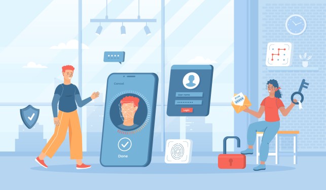Authentication and Identity Verification. Face, fingerprint recognition, pin pattern locking, user account password. Two Factor Authentication. Flat cartoon vector illustration with people characters