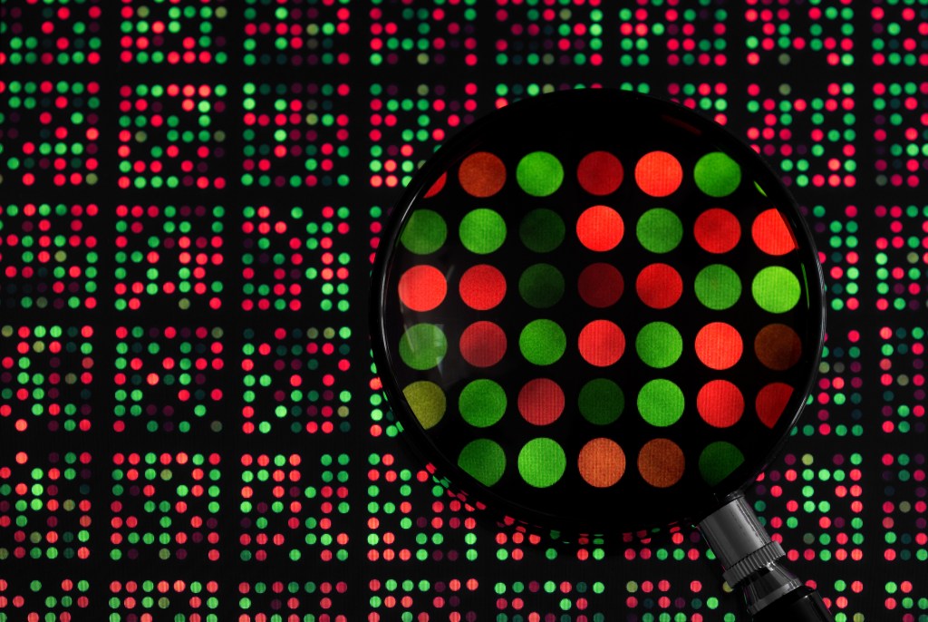 magnifying glass examining DNA chip