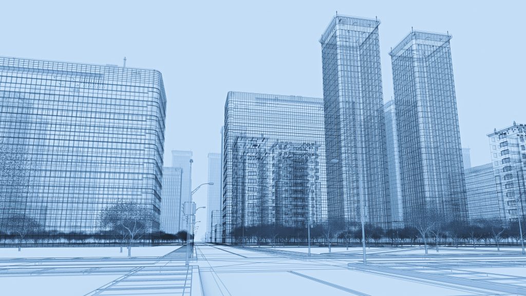 Wireframe plan of a city's business district