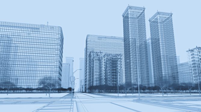 Wireframe plan of a city's business district