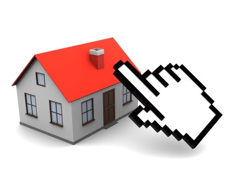 illustration of hand cursor icon pointing at a house
