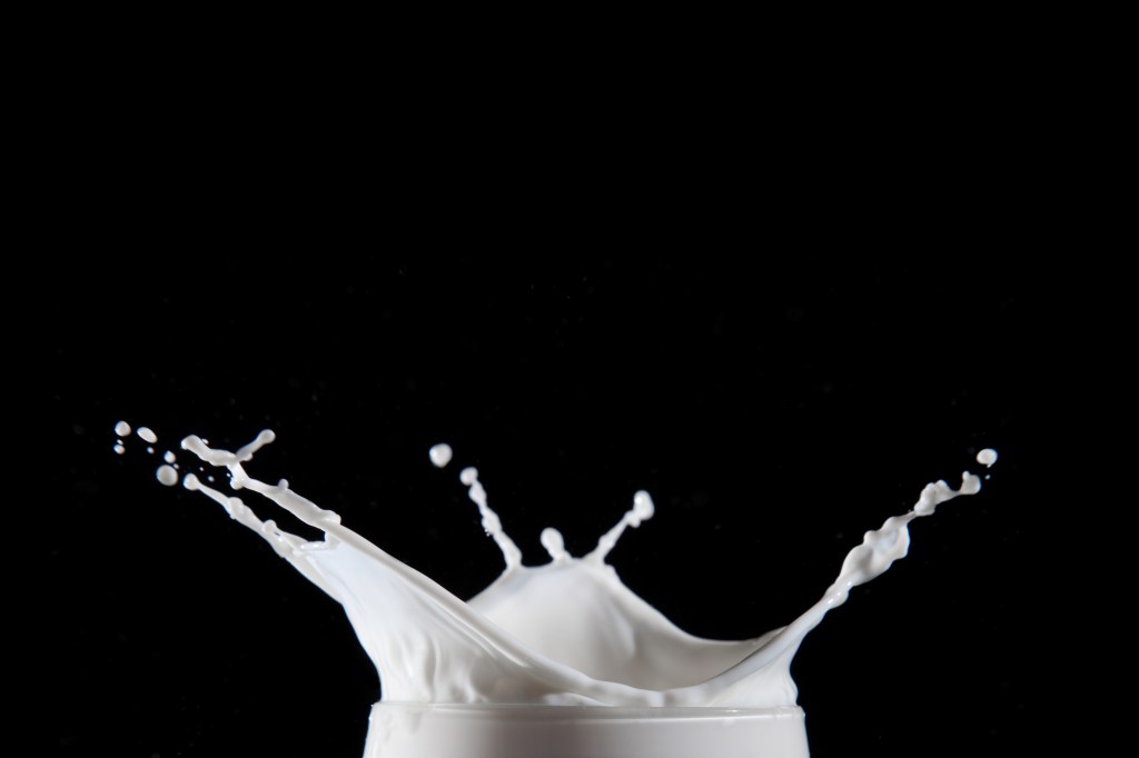 Image of a glass of milk splashing against a black background.