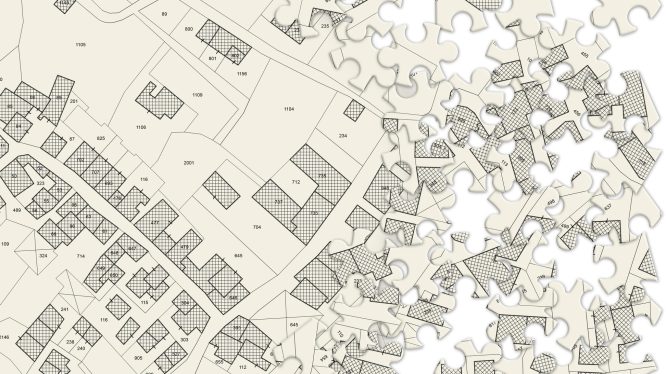 Imaginary cadastral map of territory with buildings and roads - concept image in jigsaw puzzle shape