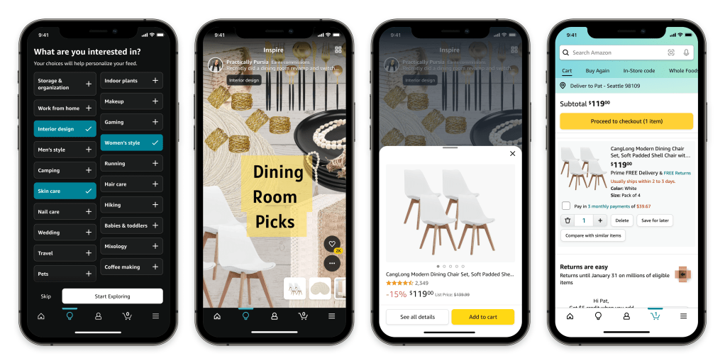 Amazon Inspire on 4 smartphone screens