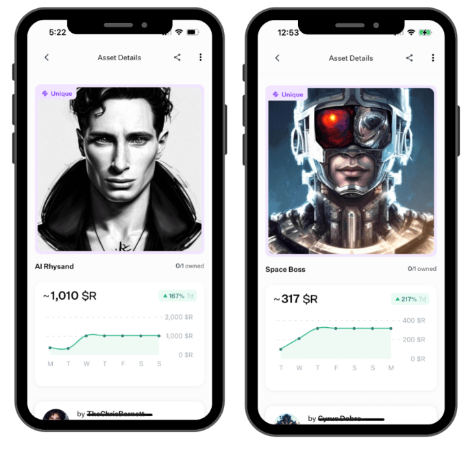 An image of the Revel social collectibles platform with two photos of content and charts below it showing the market value