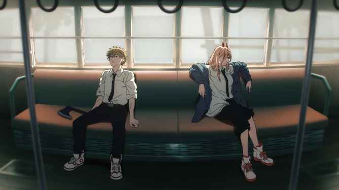 two anime characters sitting in a subway car