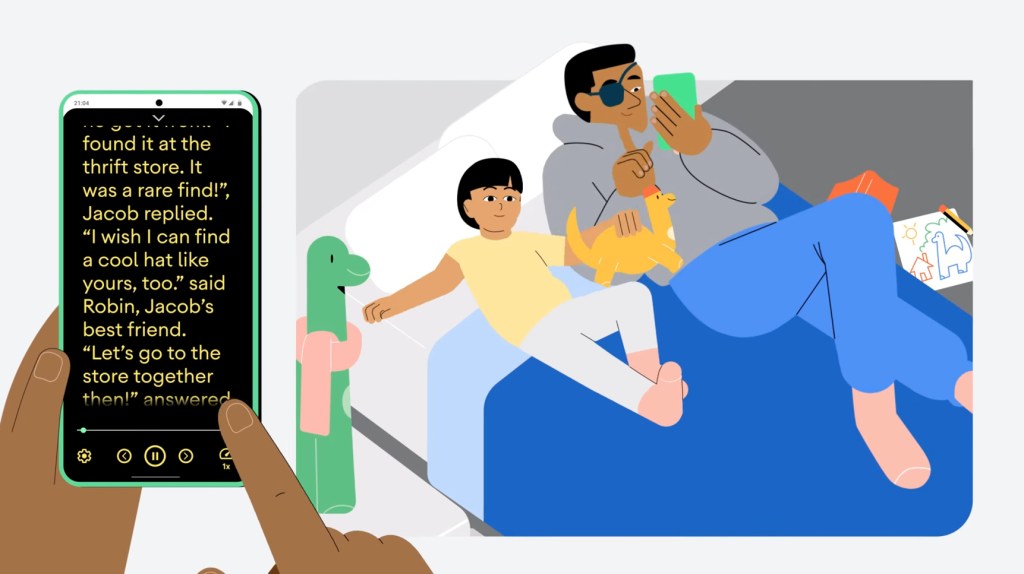 still from an animation of a child and parent using Google Reading Mode
