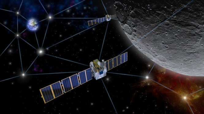 Illustration of Quantum Space cislunar space vehicles orbiting the moon