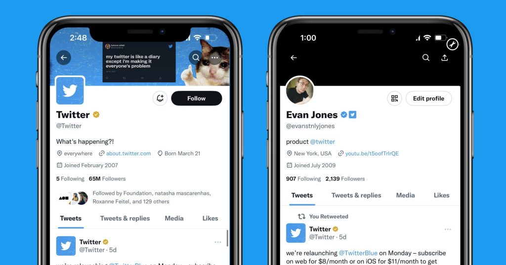 Twitter displayed on 2 smartphone screens