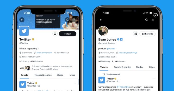 Twitter displayed on 2 smartphone screens