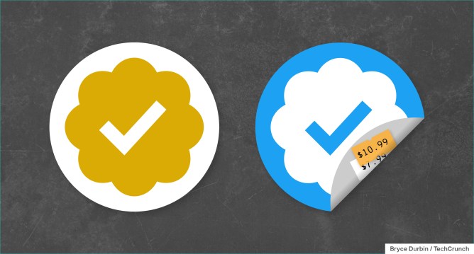 Two twitter verified checkmarks as stickers. The left one is yellow. The right is blue and has a curled corner with a price tag of $10.99 covering another price tag of $7.99.