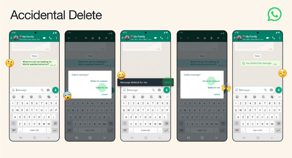 WhatsApp dispalyed on 5 smartphone screens