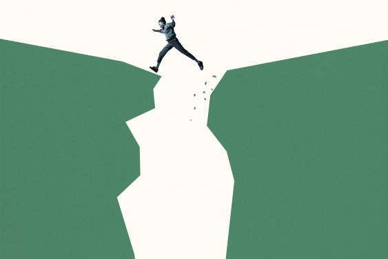 Young woman jumping over green cliffs against white background