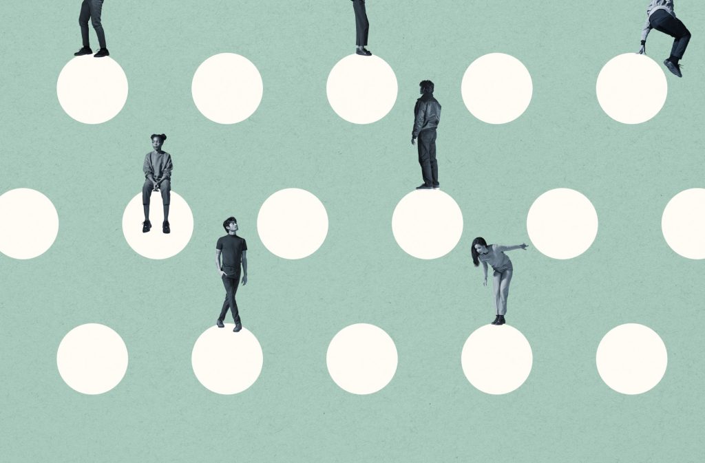 An image of Young multi-ethnic male and female friends on white circles against turquoise background, hiring, staff