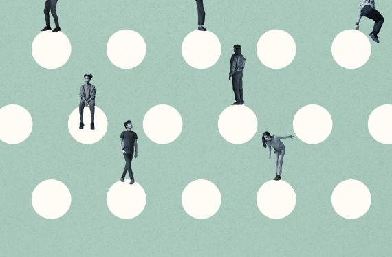 An image of Young multi-ethnic male and female friends on white circles against turquoise background, hiring, staff