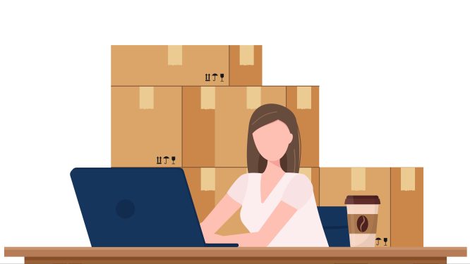 Concept illustration depicting B2B and online ordering. woman sitting at desk, laptop open, boxes stacked behind her.