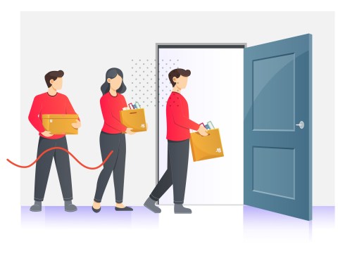 Mass Lay Off: Illustration of employees moving out of building with boxes.